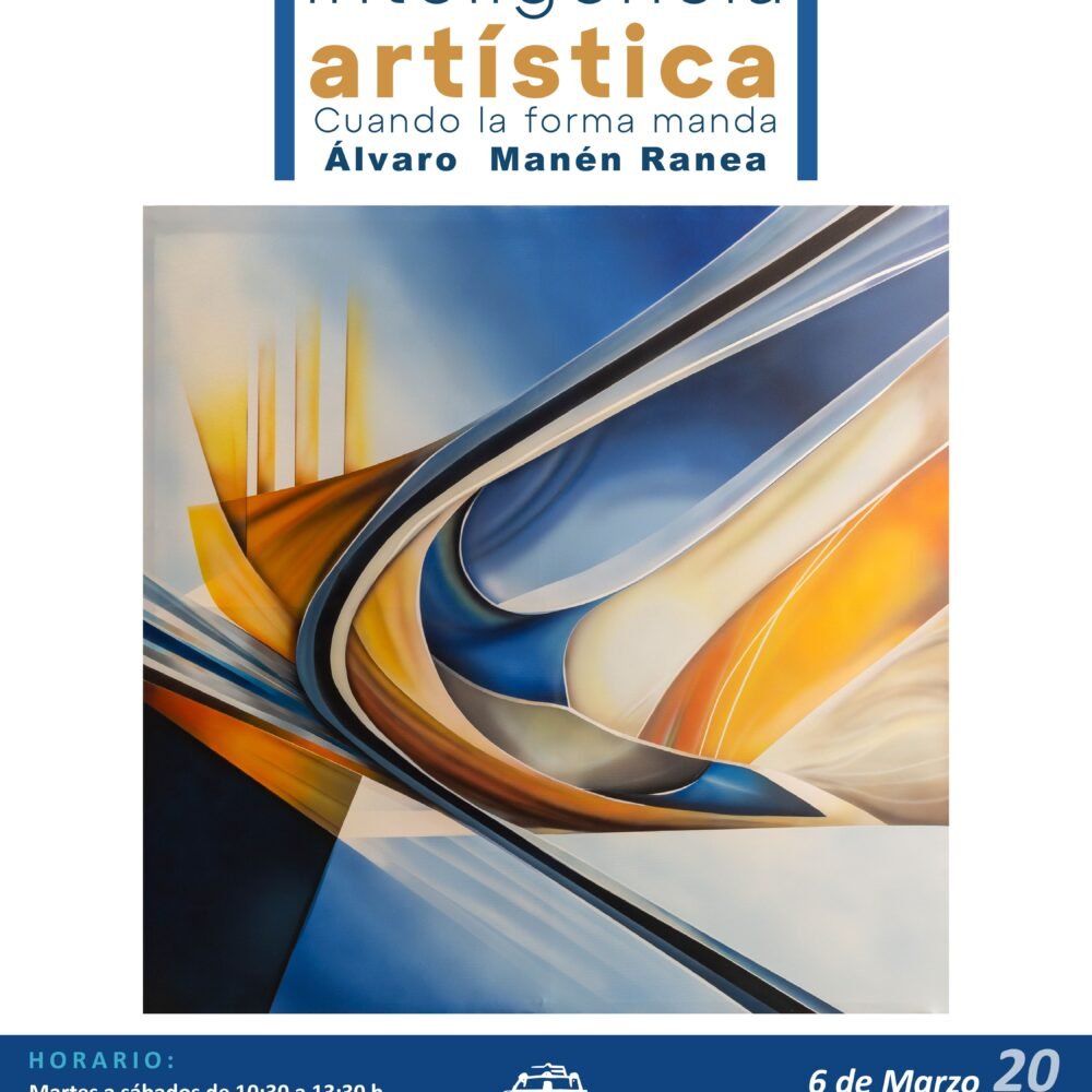 Cartel de exposición artística. Texto principal en la parte superior: “IA Inteligencia artística. Cuando la forma manda”. Autor: Álvaro Manén Ranea. En el centro aparece una imagen abstracta con formas curvas y dinámicas en tonos azules, blancos y amarillos, con efectos de luz y profundidad. En la parte inferior se indica el horario: Martes a sábados de 10:30 a 13:30 horas y de 17:00 a 20:00 horas. Domingos de 10:30 a 13:30 horas. Lunes y festivos cerrado. Fechas: del 6 de marzo al 5 de abril de 2026. Lugar: Casa Fuerte Bezmiliana, Avenida del Mediterráneo número 149, Rincón de la Victoria. Incluye el logotipo del Ayuntamiento de Rincón de la Victoria, Área de Cultura, Ferias y Fiestas.